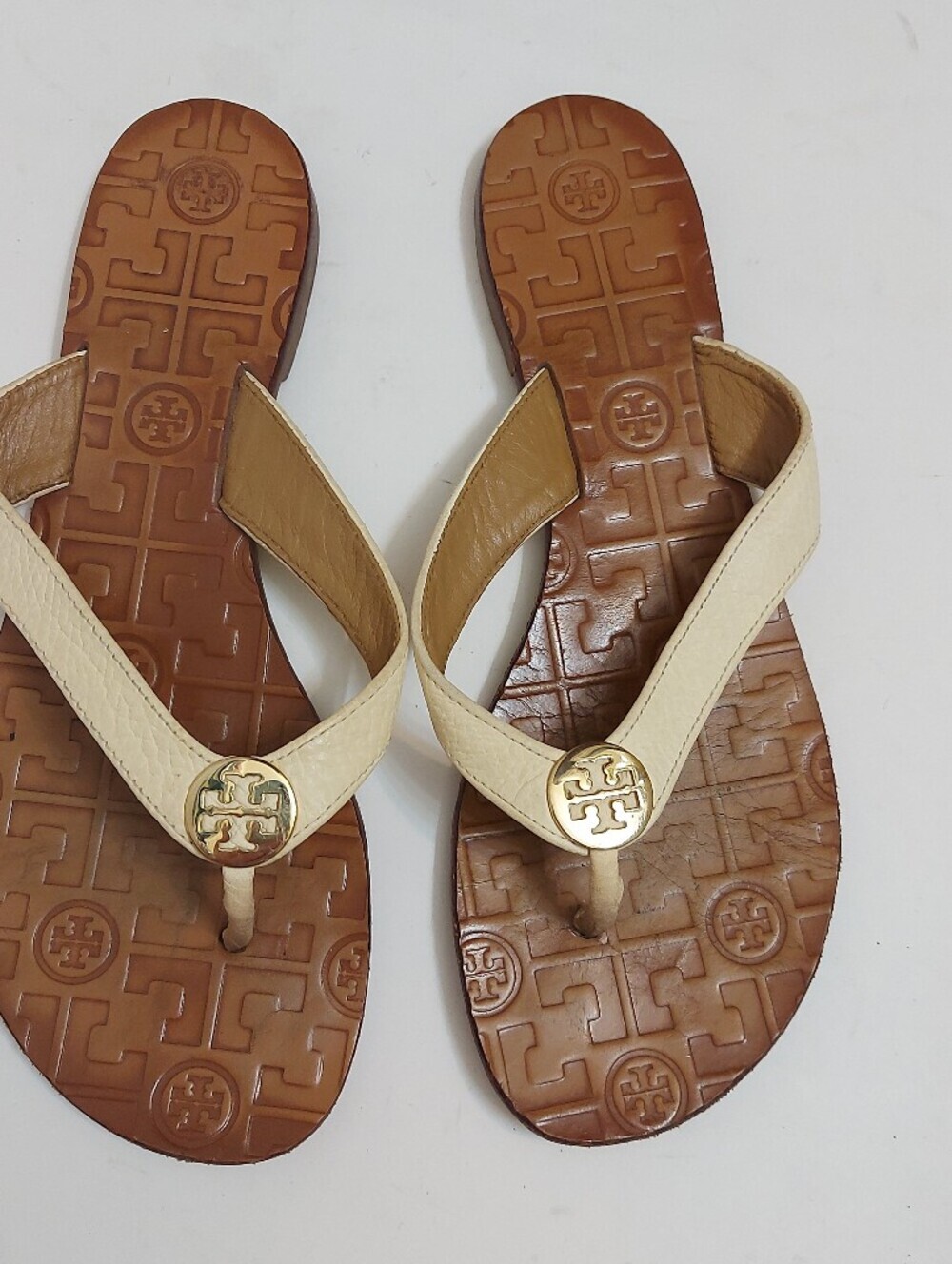 Tory Burch Beige and Brown Logo Thong Sandals